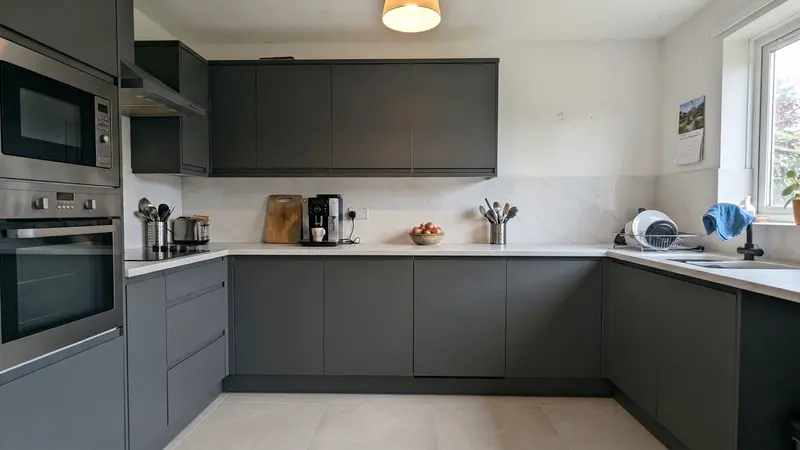 The same kitchen with dark grey handleless fronts, a white marble-look countertop and backsplash, and new large floor tiles