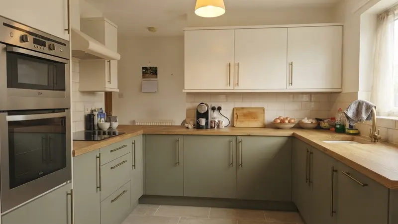 The same kitchen with cream upper cabinets, sage green lower cabinets and an oak countertop, with the original tiles and a new travertine floor