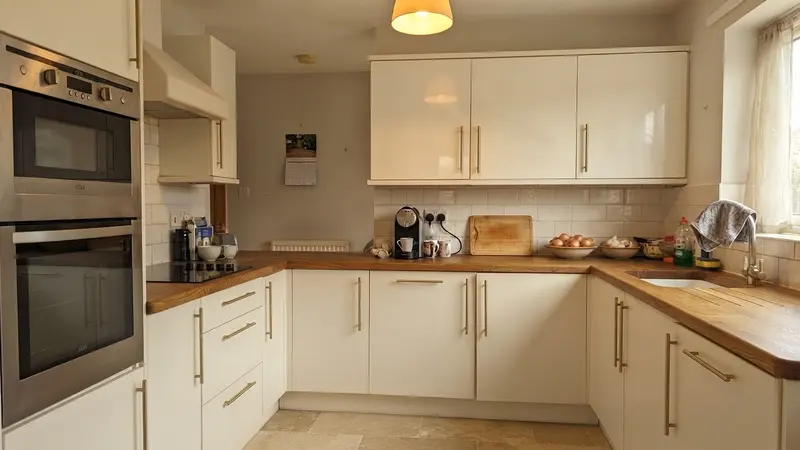The same kitchen with cream shaker fronts, an oak countertop, white metro tile backsplash, a travertine floor and brass hardware