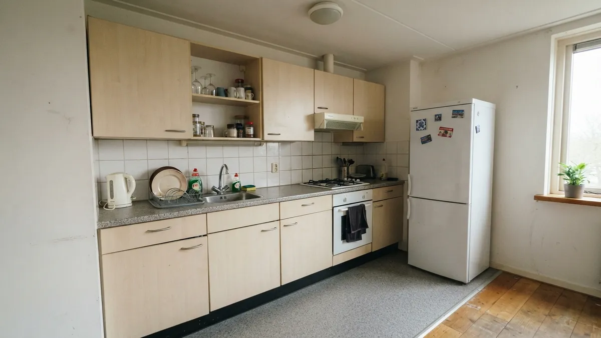 A dated straight-run kitchen with light beech fronts, a grey speckled countertop and small white square tiles