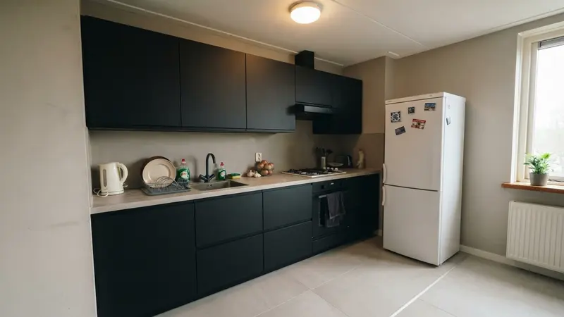 The same apartment kitchen with matte black handleless fronts, a light stone-look countertop, a plastered wall and new large floor tiles, with a radiator added below the window