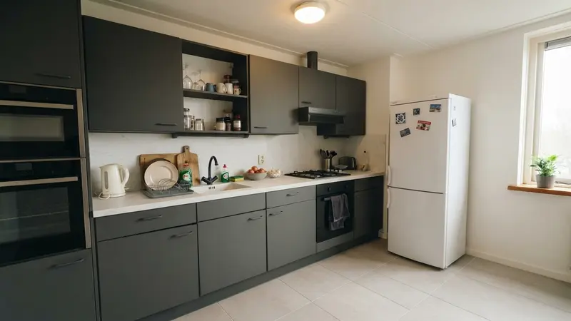 The same kitchen with dark grey fronts, a white marble-look countertop and backsplash, new large floor tiles, and an oven column added on the left