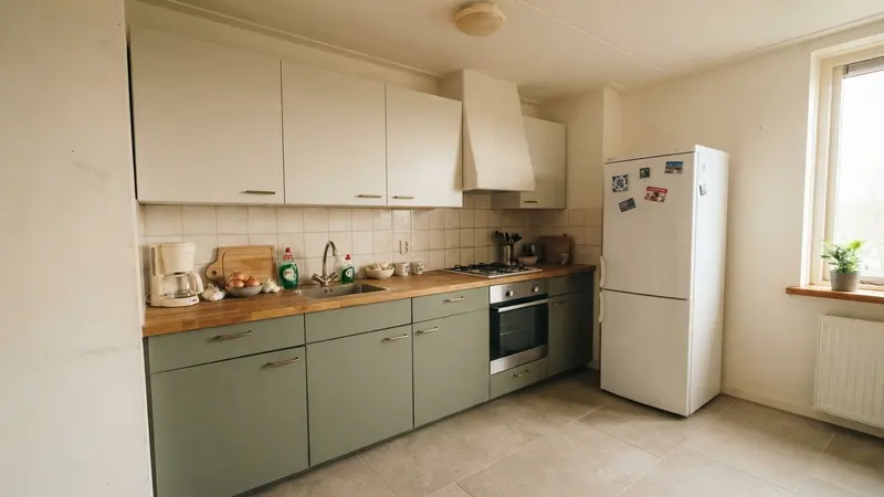 The same kitchen with cream upper cabinets, sage green lower cabinets, an oak countertop and the original tiles