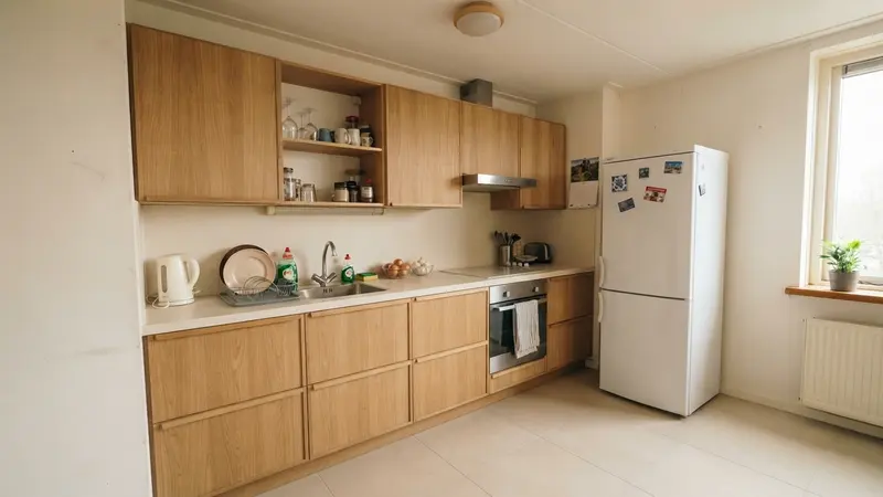 The same kitchen with warm oak fronts, a cream countertop and a flat backsplash with the tiles removed