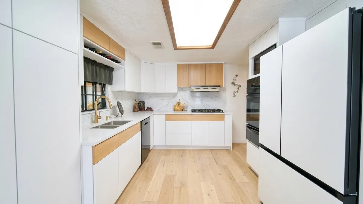A 1980s oak kitchen shown with flat white and light oak cabinets, marble backsplash and a pale wood floor
