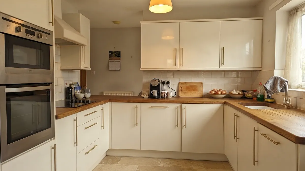 A U-shaped kitchen redesigned with cream shaker cabinet fronts, a warm oak countertop, white metro tile backsplash, a travertine floor, and brass hardware