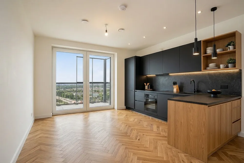 Matte black galley kitchen with open oak shelving, a black countertop and backsplash, and an oak herringbone floor