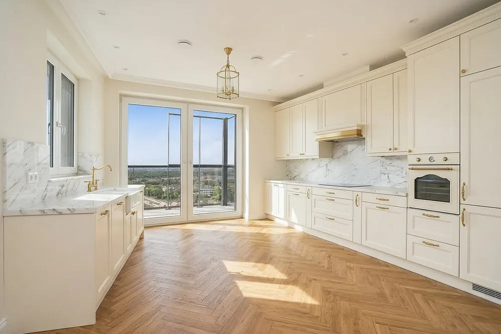The same room in a cream kitchen with brass hardware and a white marble-look countertop