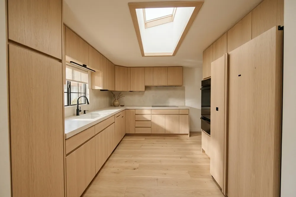 Flat-panel light oak cabinets and a matching light oak plank floor in the same kitchen, black double ovens on the right