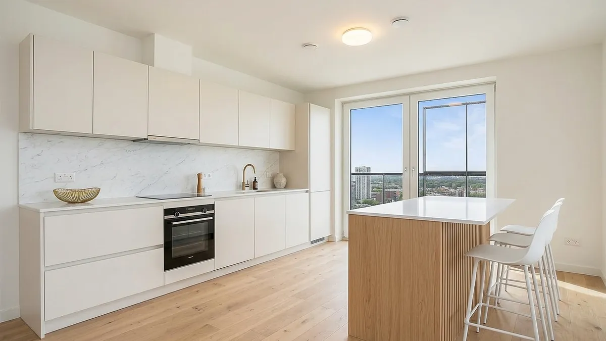 Kitchen with soft warm-white flat-panel cabinets along one wall, a bright white countertop with a marble-look backsplash, and a white-topped island with an oak slat front on a light oak floor