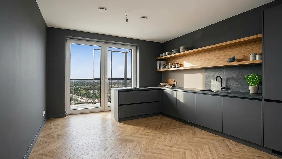 An L-shaped kitchen with matte anthracite handleless cabinets, a long open oak shelf, a dark stone-look backsplash, a black faucet and an herringbone wood floor, with balcony doors at the far wall