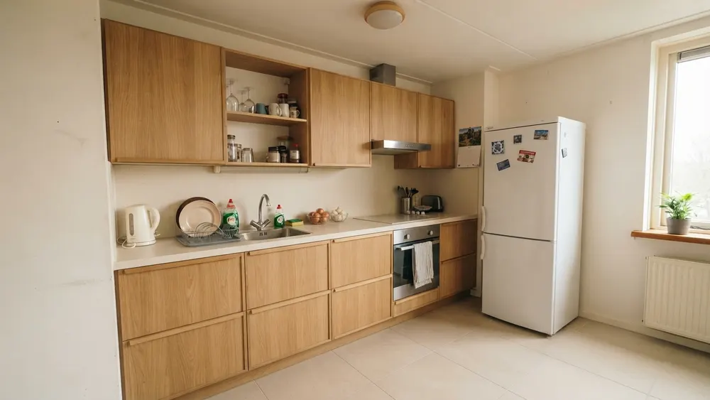 The same kitchen with oak flat-front cabinets with routed finger pulls, a cream countertop, light floor tiles and a plain painted wall where the backsplash tiles were