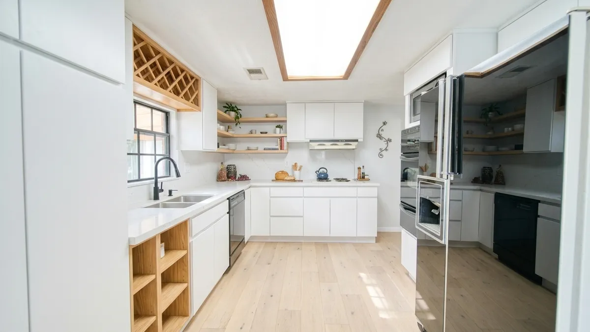 A U-shaped kitchen redesigned with flat white cabinet fronts, white countertops and backsplash, a light plank floor, open oak shelves, an oak wine rack and an oak-framed skylight