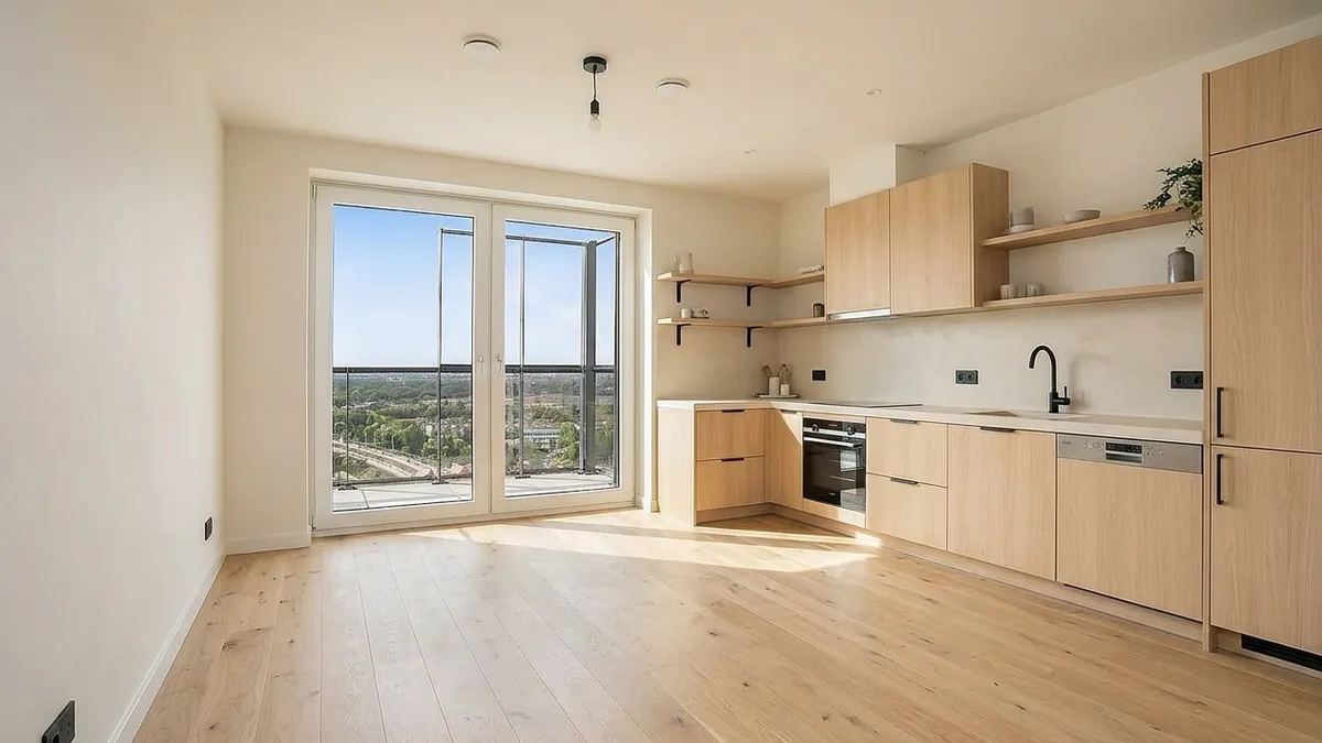 Empty new-build room with flat light-oak kitchen cabinets, four open oak shelves, a black faucet, a wide-plank oak floor and cream walls, with sun coming through a balcony door