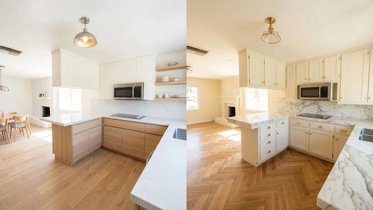 Split view of the same open-concept kitchen: crisp flat-panel white cabinets on the left, warm ivory raised-panel cabinets with brass hardware on the right, both with a warm oak floor