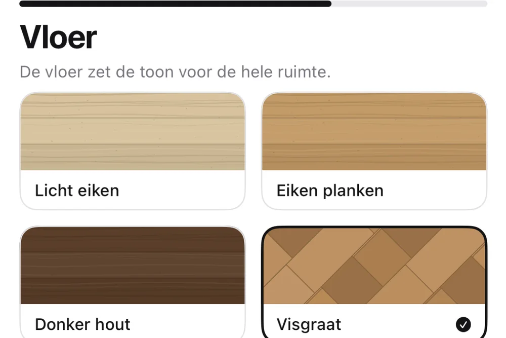In de app een vloer kiezen: materialen naast elkaar, met visgraat aangevinkt