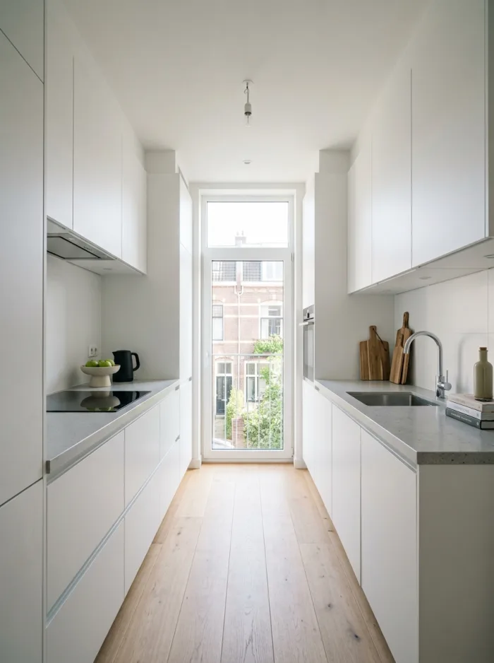 Kitchen design with dark fronts and a light countertop