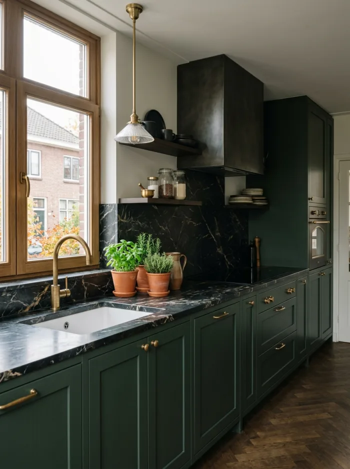 Kitchen design with wooden fronts and a natural stone backsplash