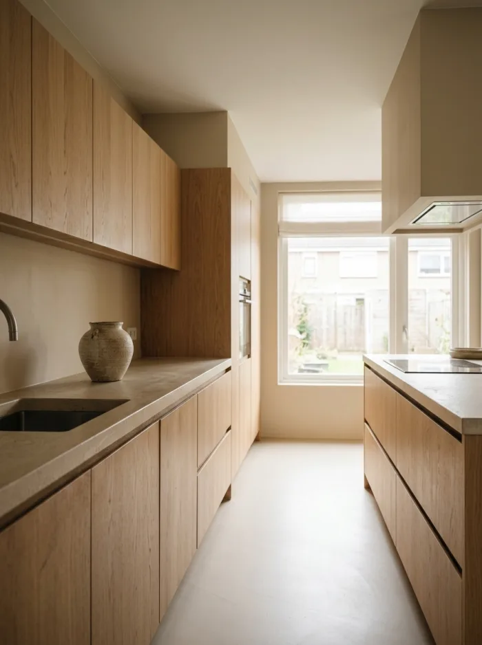 Light kitchen with handleless fronts