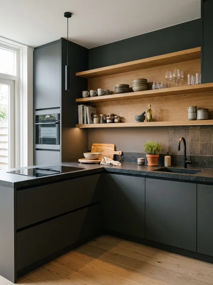Kitchen design with open shelving and a light floor