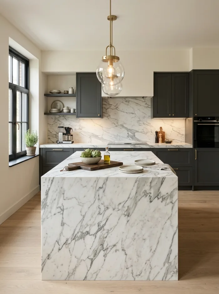 Kitchen with a marble-look countertop and backsplash