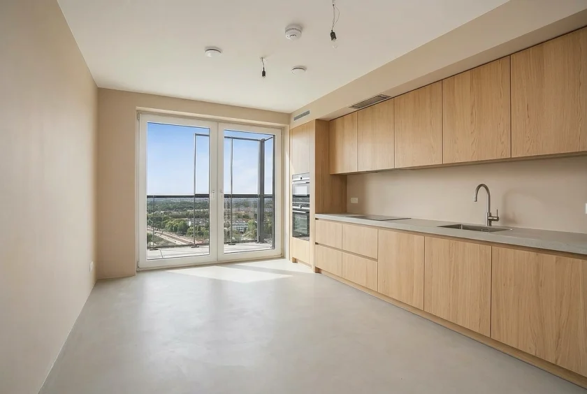 Kitchen design in the same room with full oak fronts and a poured floor