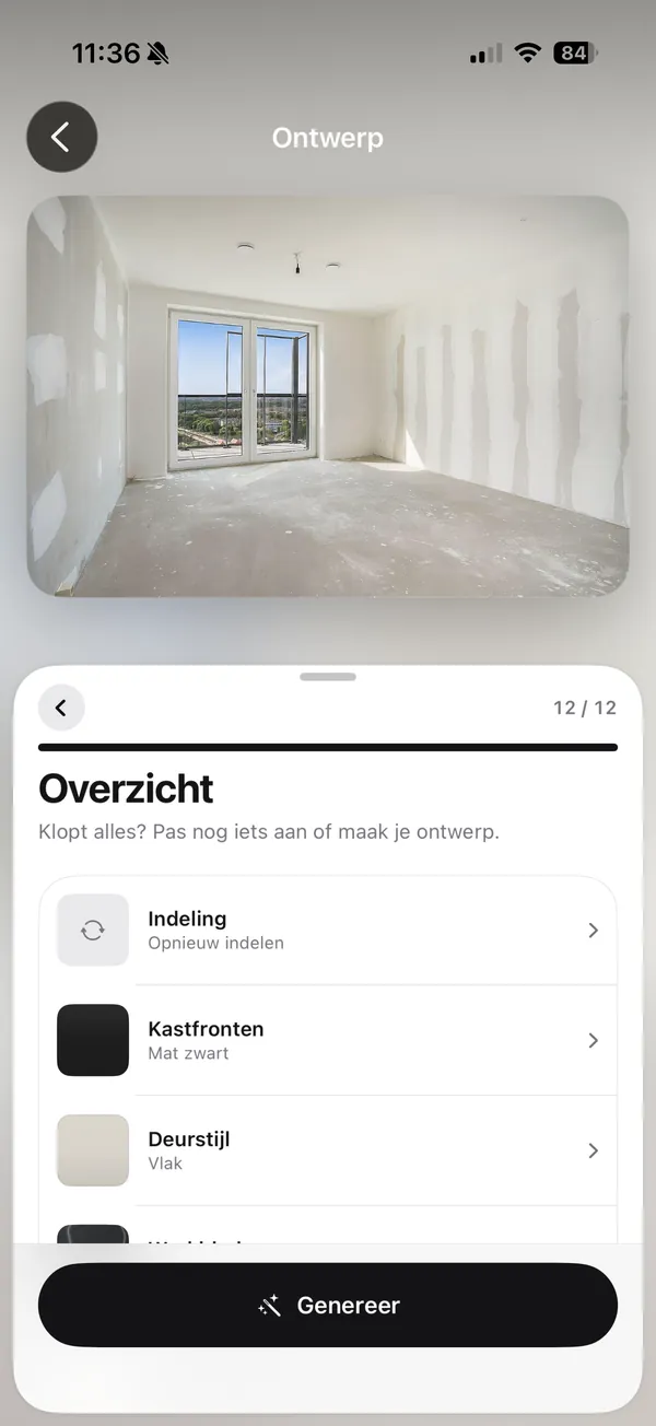 Schermafbeelding van de app: het overzichtsscherm met de vraag Klopt alles, met de regels Indeling, Kastfronten (Mat zwart) en Deurstijl (Vlak), en de knop Genereer