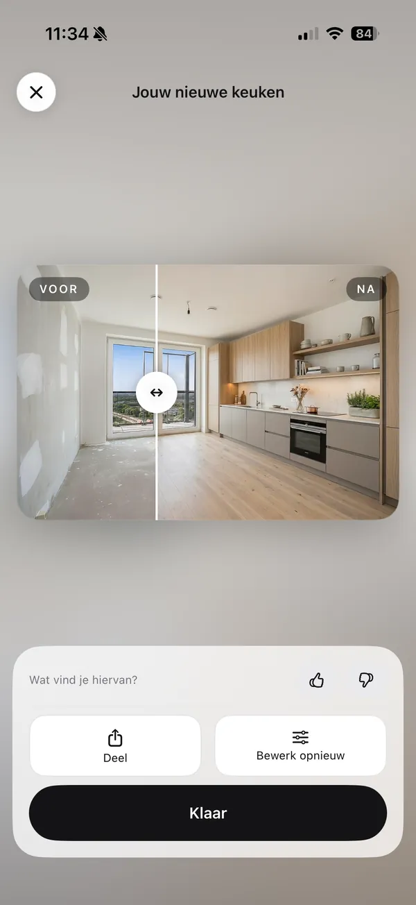 Schermafbeelding van de app: het resultaatscherm Jouw nieuwe keuken met een voor-en-na-schuif over een lichte keuken en de knoppen Deel, Bewerk opnieuw en Klaar