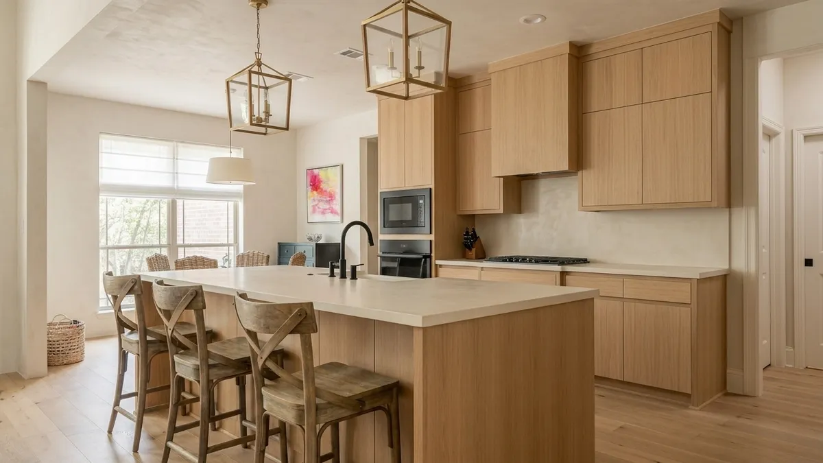 Keuken met vlakke lichte eiken fronten zonder grepen, een eiland met drie barkrukken, een crèmekleurige wand en lichte houten plankenvloer