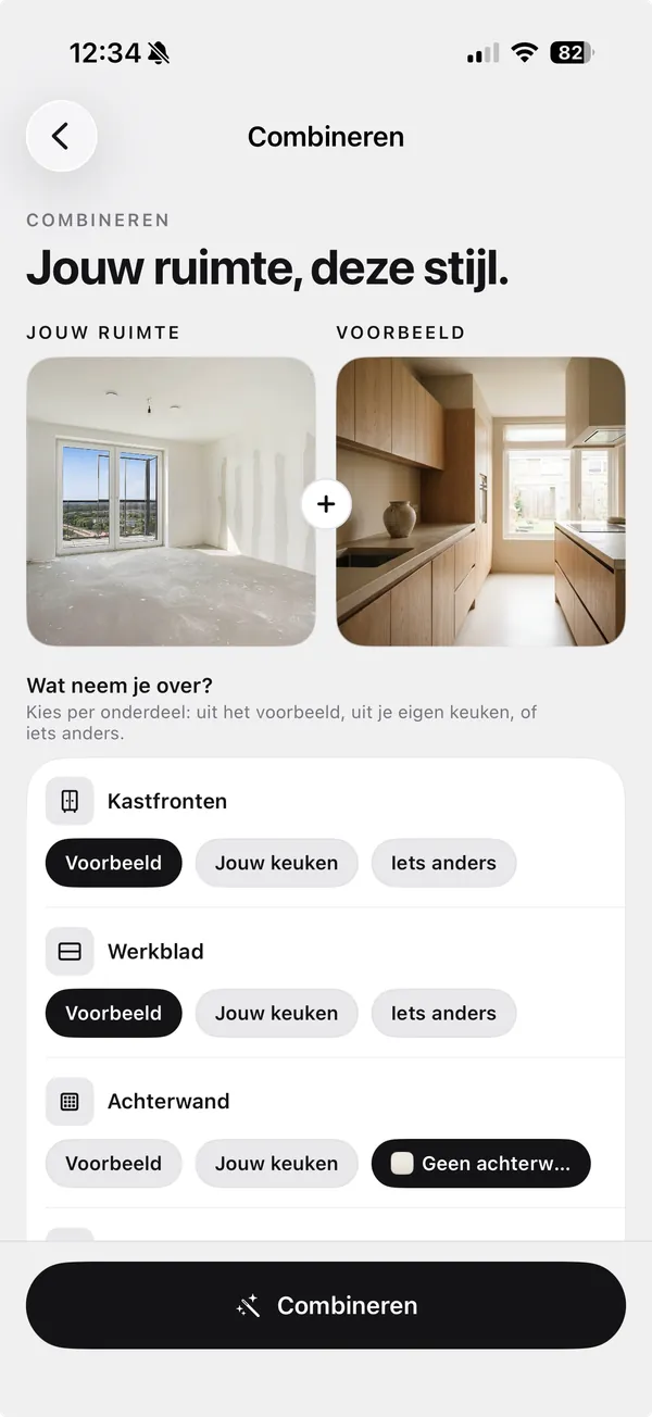 Schermafbeelding van de app: het scherm Combineren met de kop Jouw ruimte, deze stijl, twee miniaturen met de labels Jouw ruimte en Voorbeeld, en per onderdeel de keuzes Voorbeeld, Jouw keuken of Iets anders voor Kastfronten, Werkblad en Achterwand