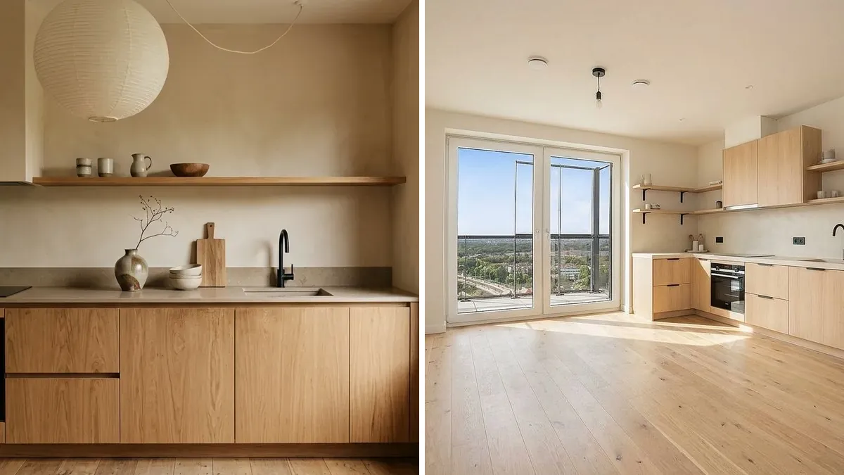 Tweeluik van een voorbeeldkeuken en diezelfde stijl overgenomen in een andere ruimte