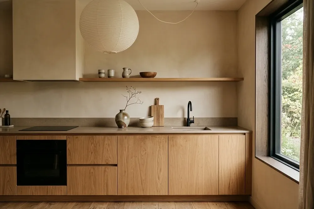 Voorbeeldkeuken met eiken fronten, een zandkleurig werkblad, een beige gestucte wand, een lang eiken wandschap met keramiek, een zwarte kraan en een grote papieren bollamp