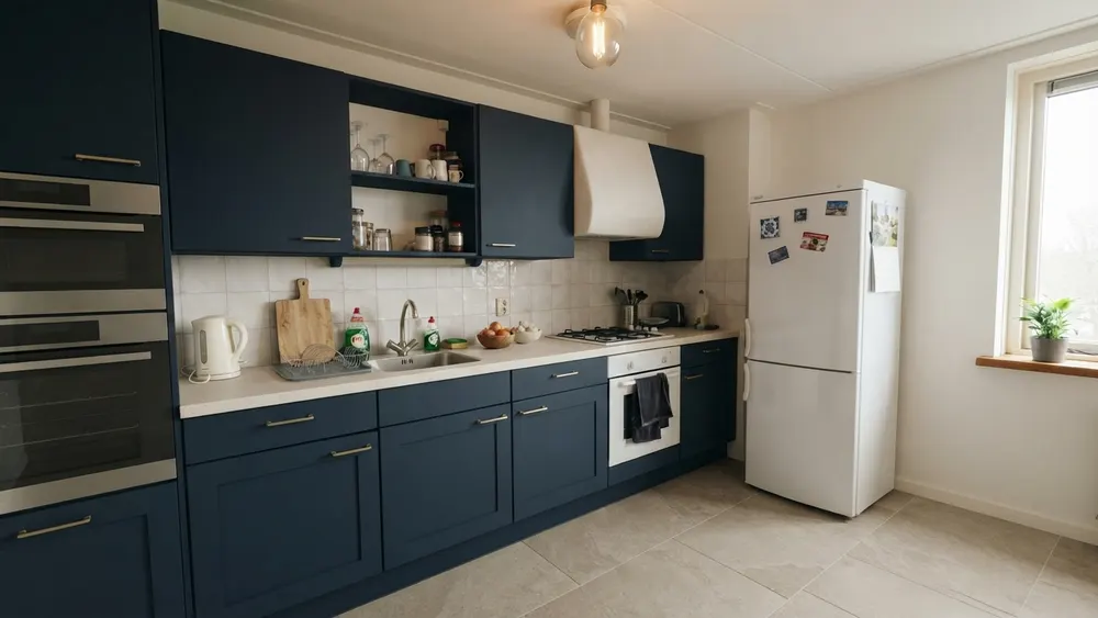 Keuken met diepblauwe shakerfronten, een crèmekleurig werkblad, messing grepen, grote vloertegels en de originele witte tegeltjes op de achterwand