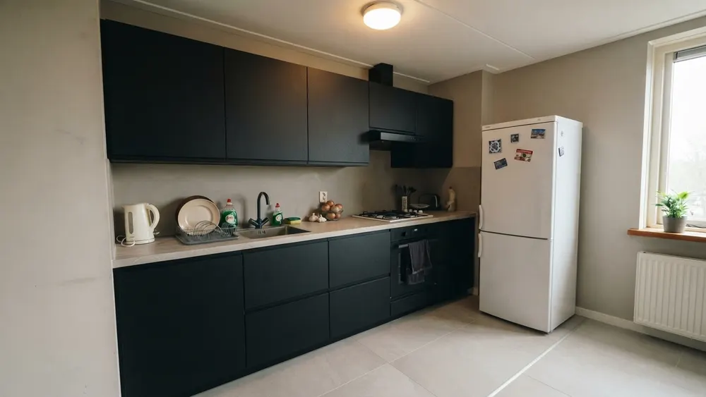 Keuken met matzwarte greeploze fronten, een licht stenen werkblad, een gestuukte achterwand zonder tegels en grote vloertegels
