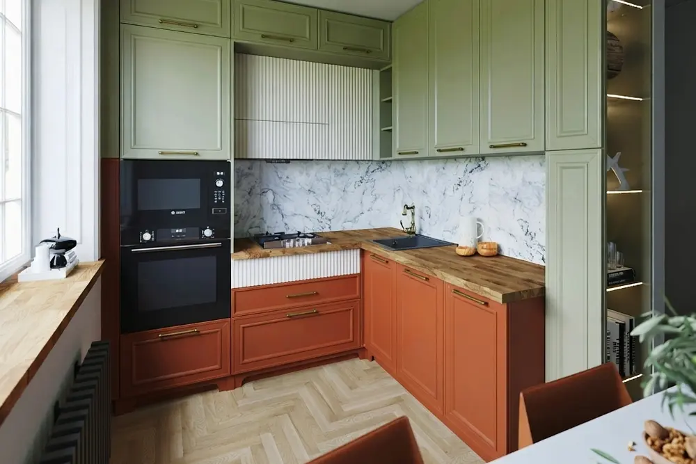 Dezelfde keuken met een massief eiken werkblad met dik voorkantprofiel, de zwarte spoelbak blijft zwart, de vensterbank is ook eiken geworden