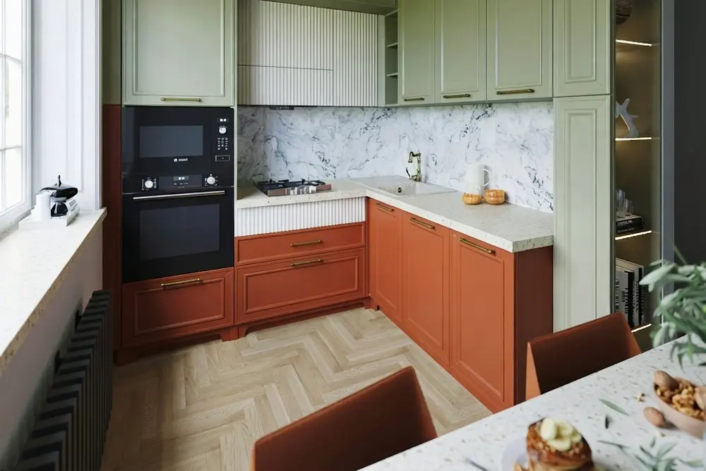 Dezelfde keuken met een licht terrazzo werkblad met fijn aggregaat, een lichte spoelbak, een terrazzo vensterbank en een terrazzo patroon op het tafelblad rechtsonder