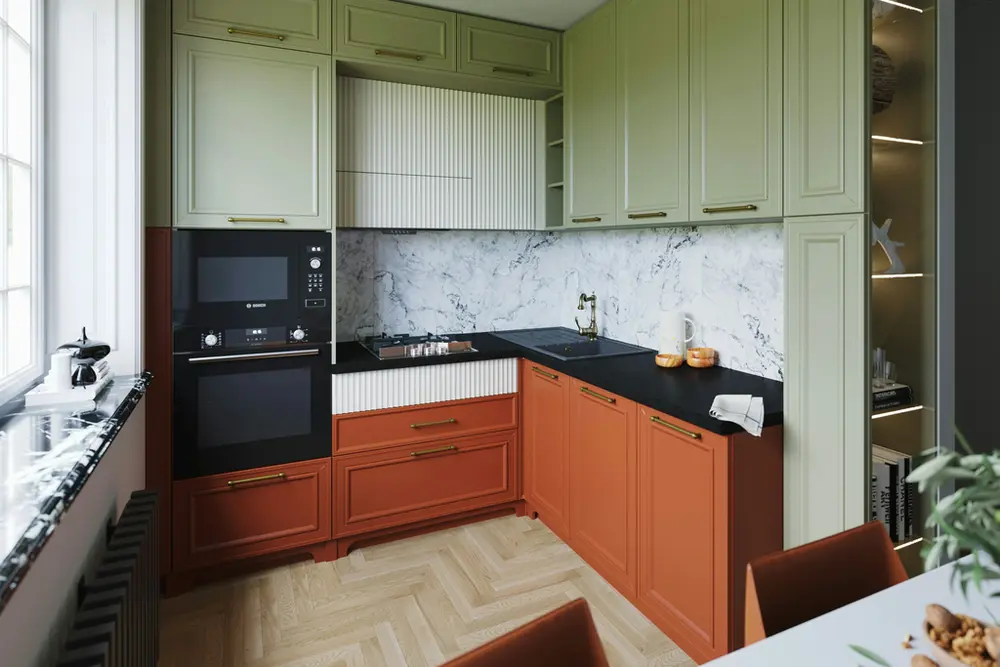 De originele keuken met een zwart werkblad, zwarte composiet spoelbak in de hoek, een zwart-marmeren vensterbank en een zwarte kolomradiator onder het raam