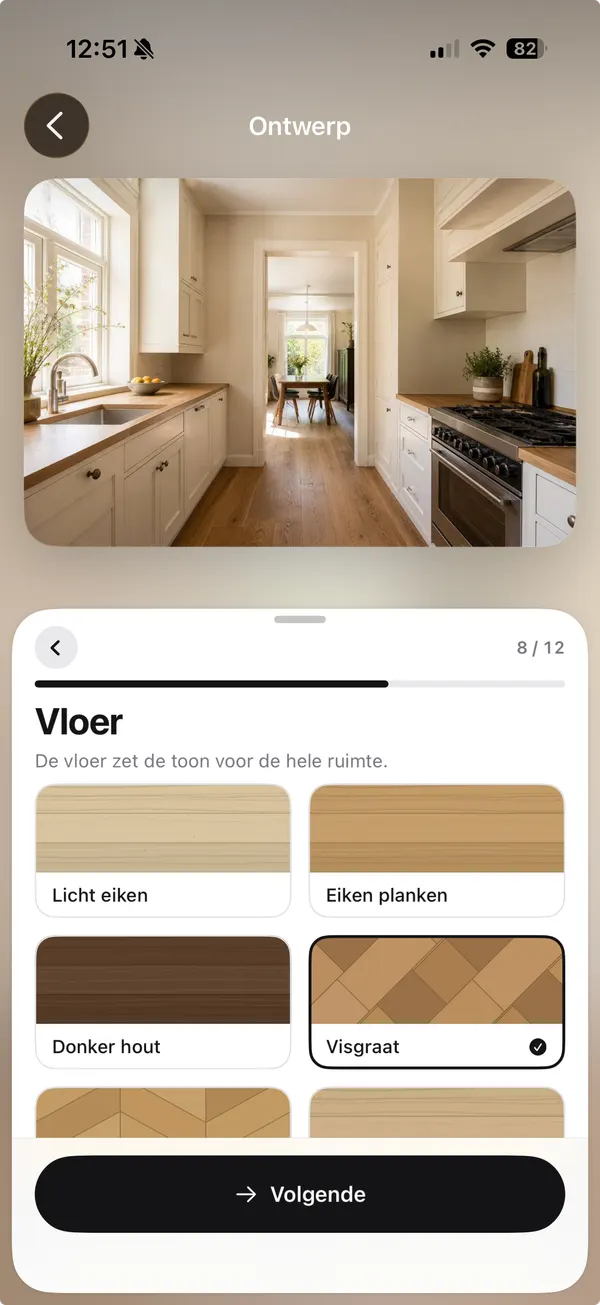 Schermafbeelding van de app: de stap Vloer met keuzes als licht eiken, donker hout, visgraat, betonlook tegel en natuursteenlook