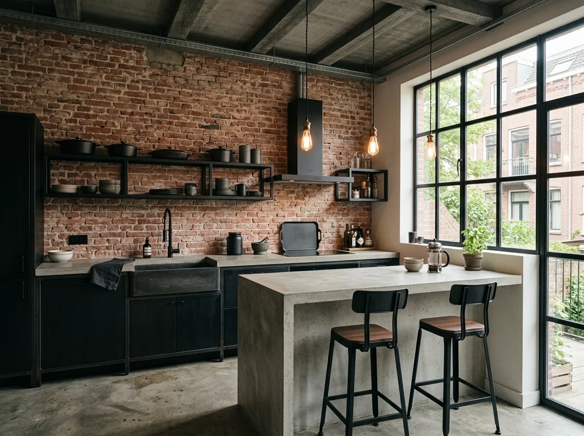 Industrial kitchen with dark cabinets and steel