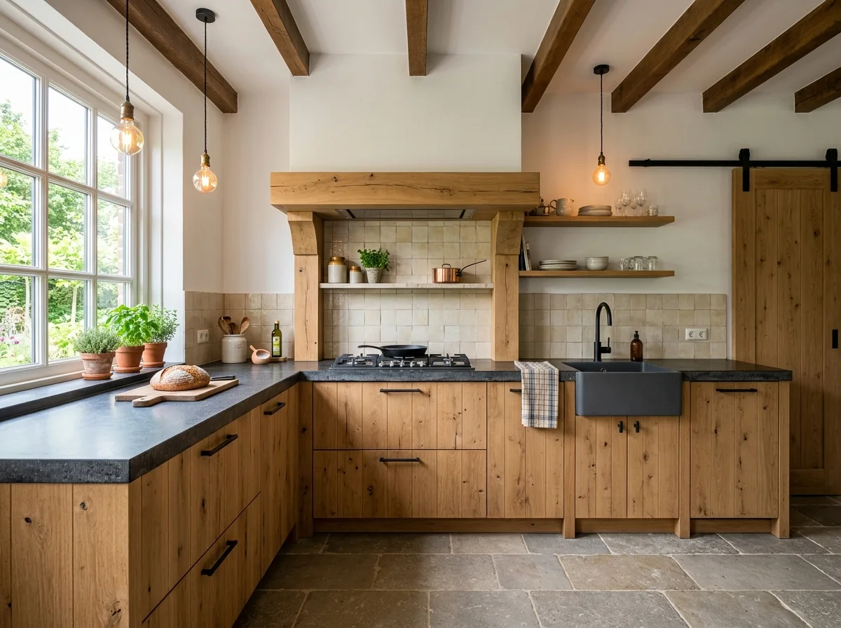 Modern farmhouse kitchen with Shaker cabinets and a wood countertop