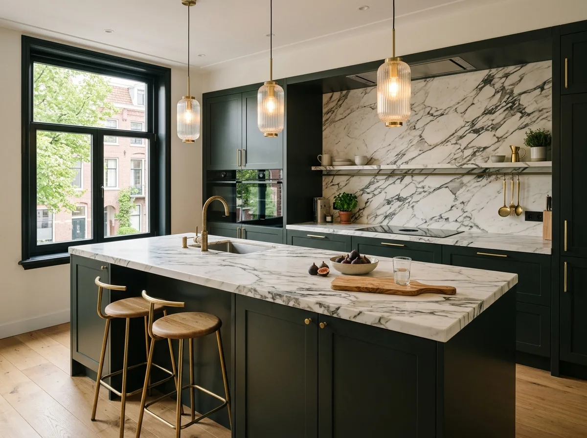 Quiet luxury kitchen with natural stone and veneer
