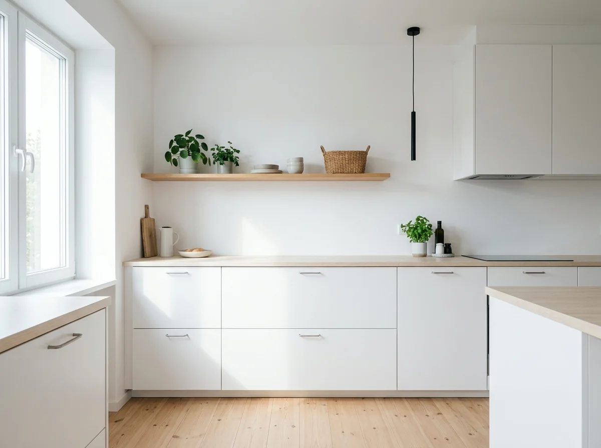 Scandinavian kitchen with light wood and white cabinets